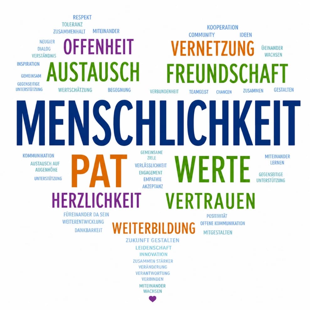 Wortwolke aus den Antworten der Teilnehmenden: Menschlichkeit, Austausch, Freundschaft, Vertrauen, Werte, PAT